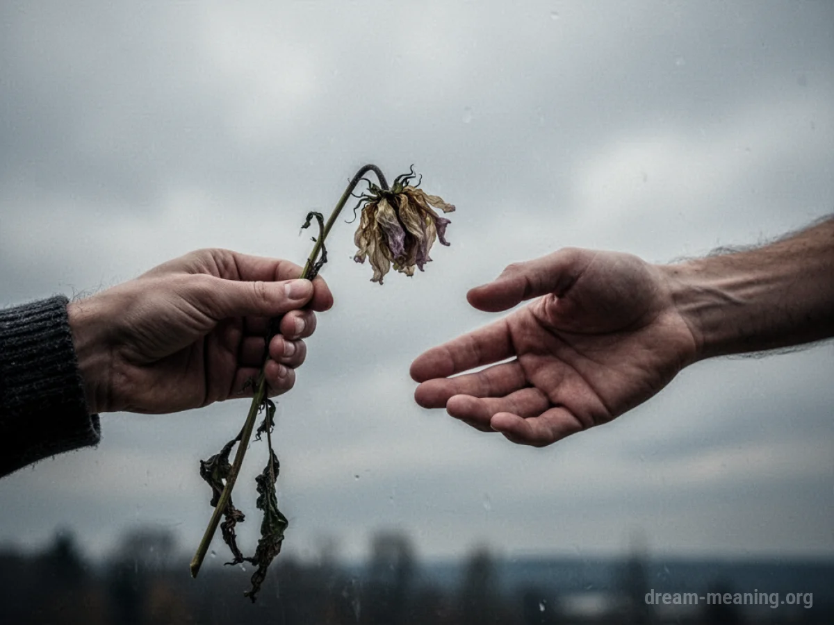 A wilting flower offered by one hand to another hand that is turned away.