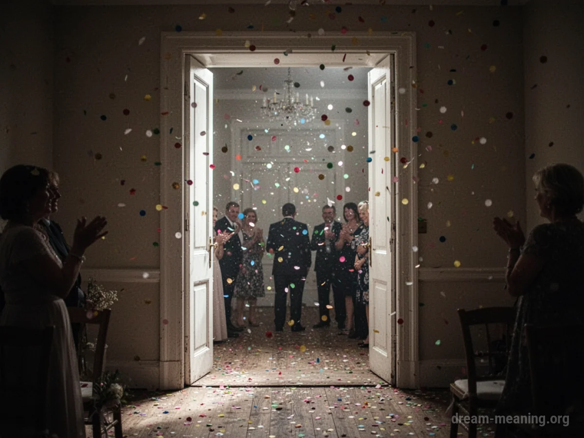 A doorway opening into a dimly lit room with confetti falling.