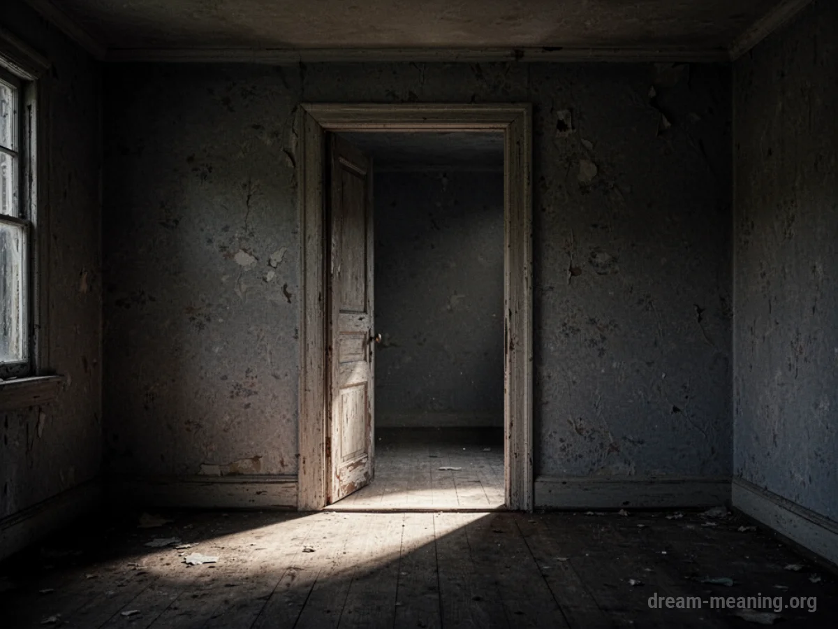 A view looking into an empty, dark house from an open doorway.