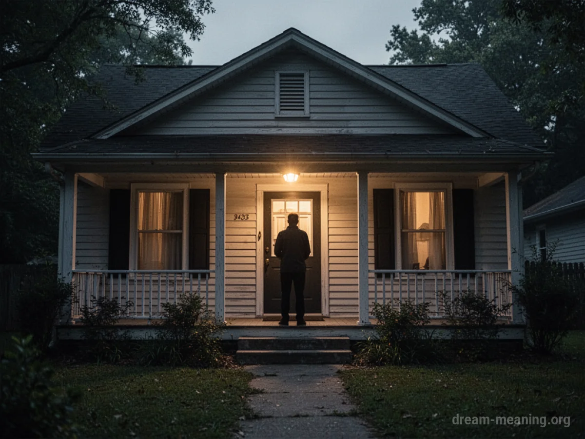 A silhouette of a person standing outside a house at night.