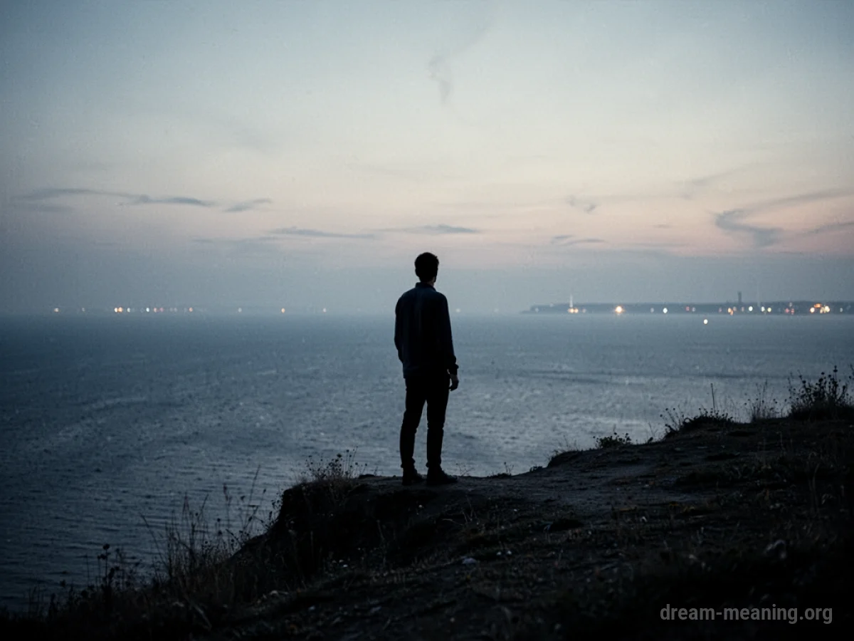 A person standing on a cliff overlooking a vast, distant landscape.