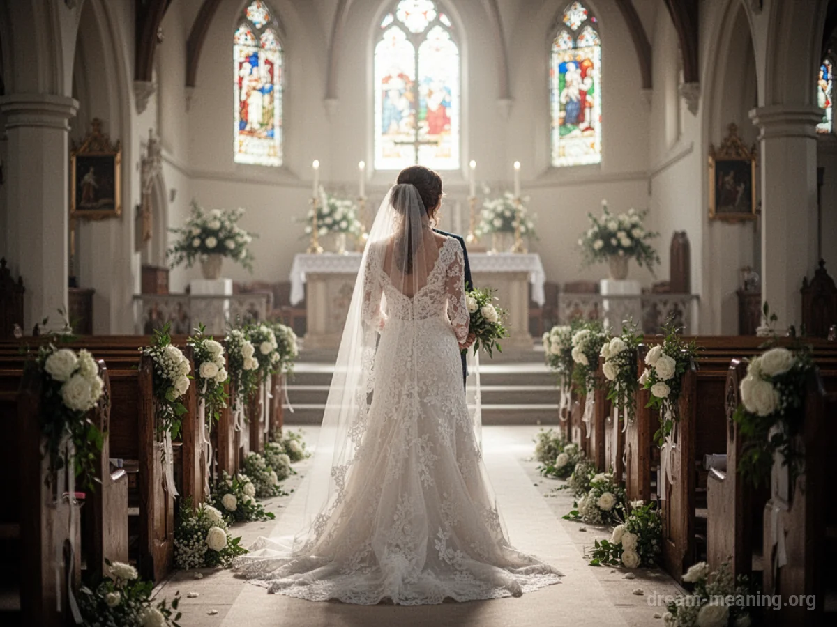 A figure stands at the end of a decorated aisle, facing a softly lit altar.