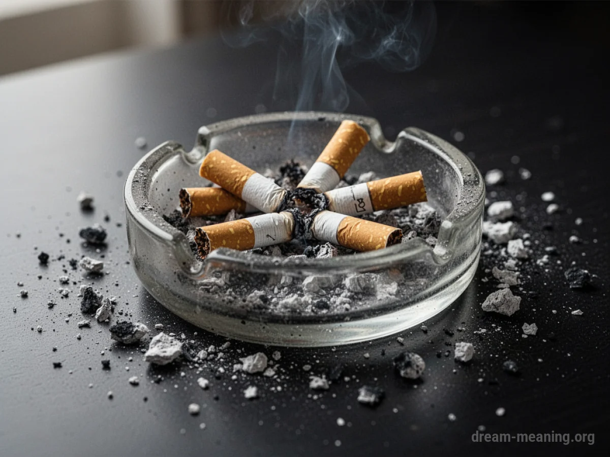 An ashtray overflowing with used cigarette butts and ash.