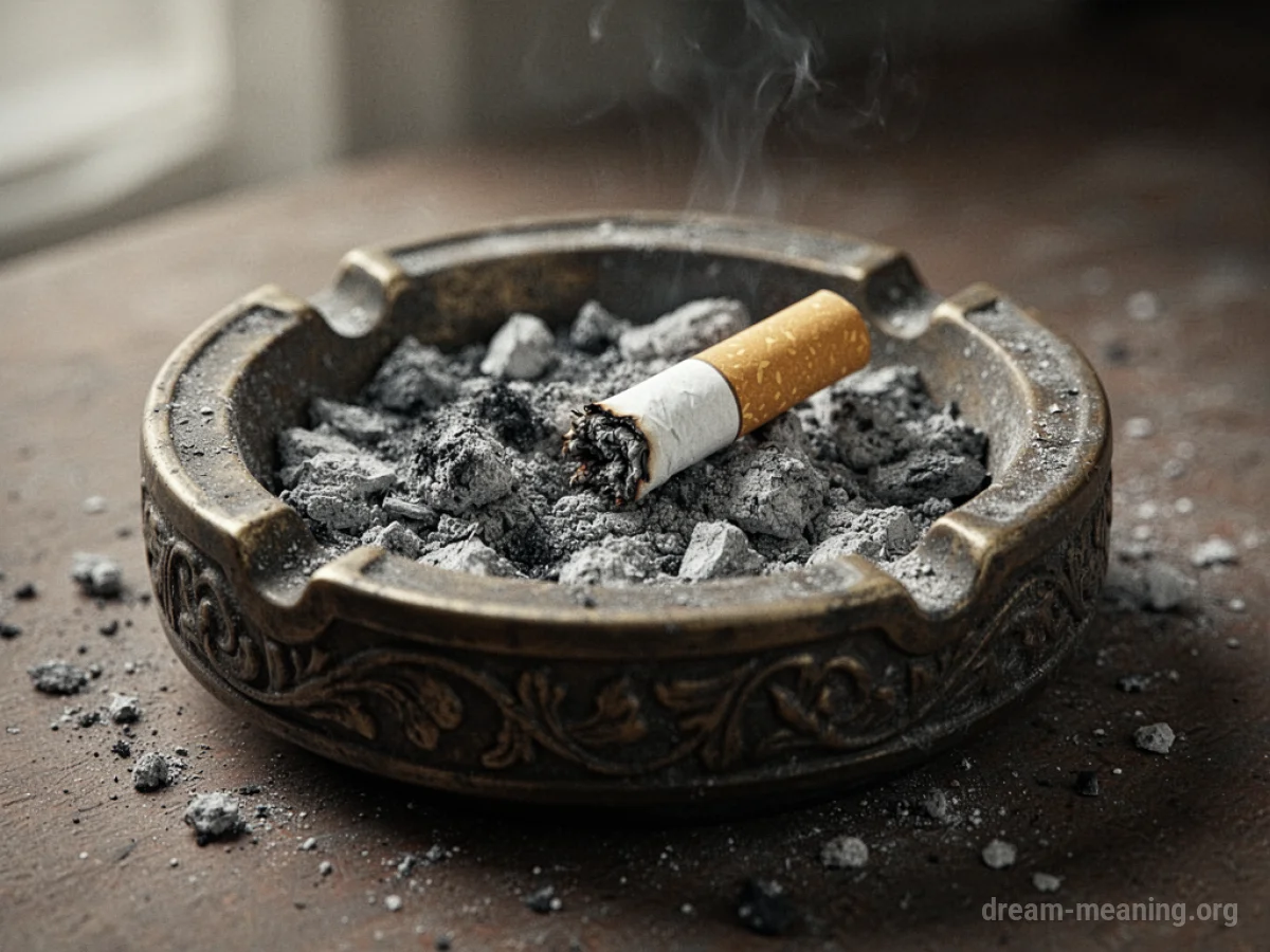 An overflowing ashtray filled with grey ash and a cigarette butt.