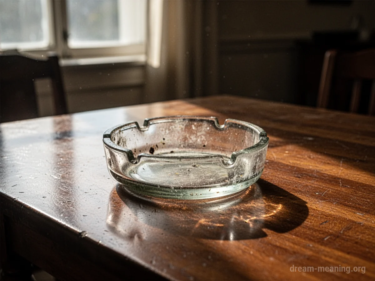 An empty glass ashtray on a wooden table.