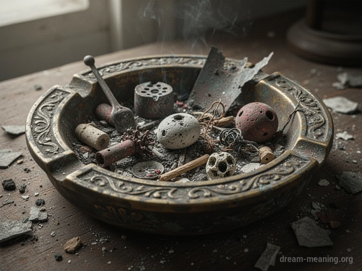 An ashtray containing various odd items and scattered remnants.
