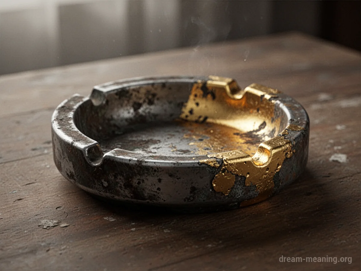 An ashtray with sections turning from dull metal to bright gold.