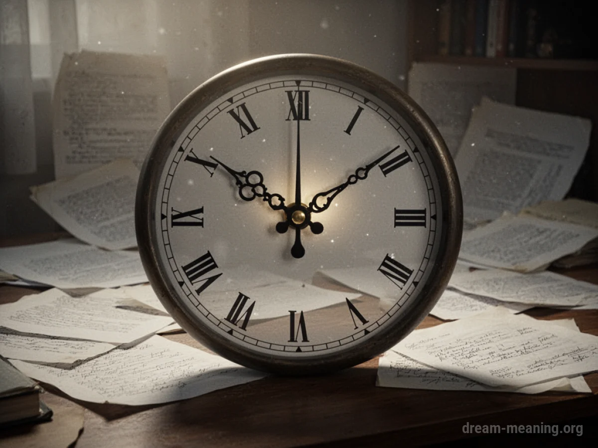 A clock face showing close to midnight, with papers scattered on a desk.