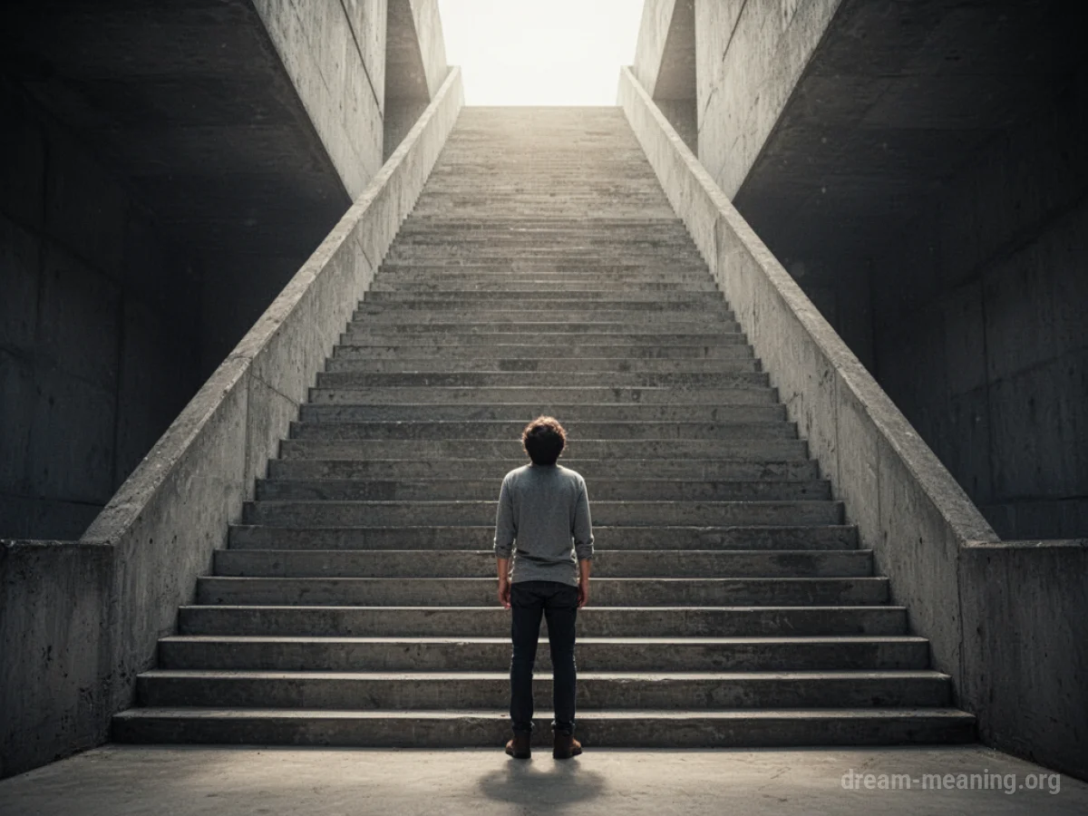 A person at the bottom of a very steep, tall staircase.