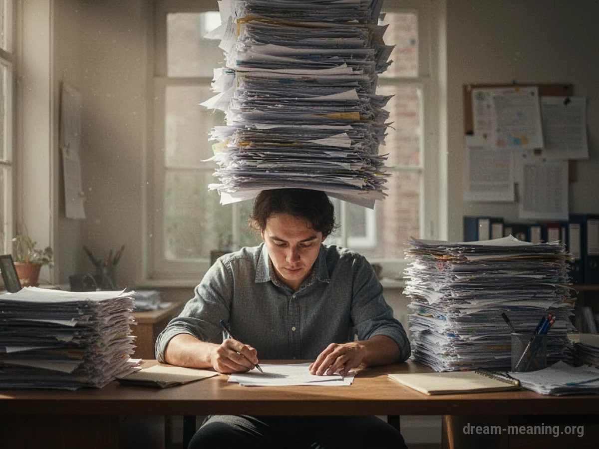 A desk piled high with paperwork.