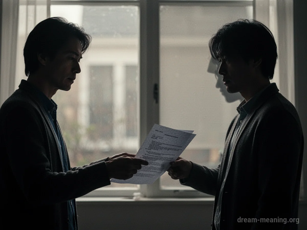 A silhouette of one person handing a document to another person.