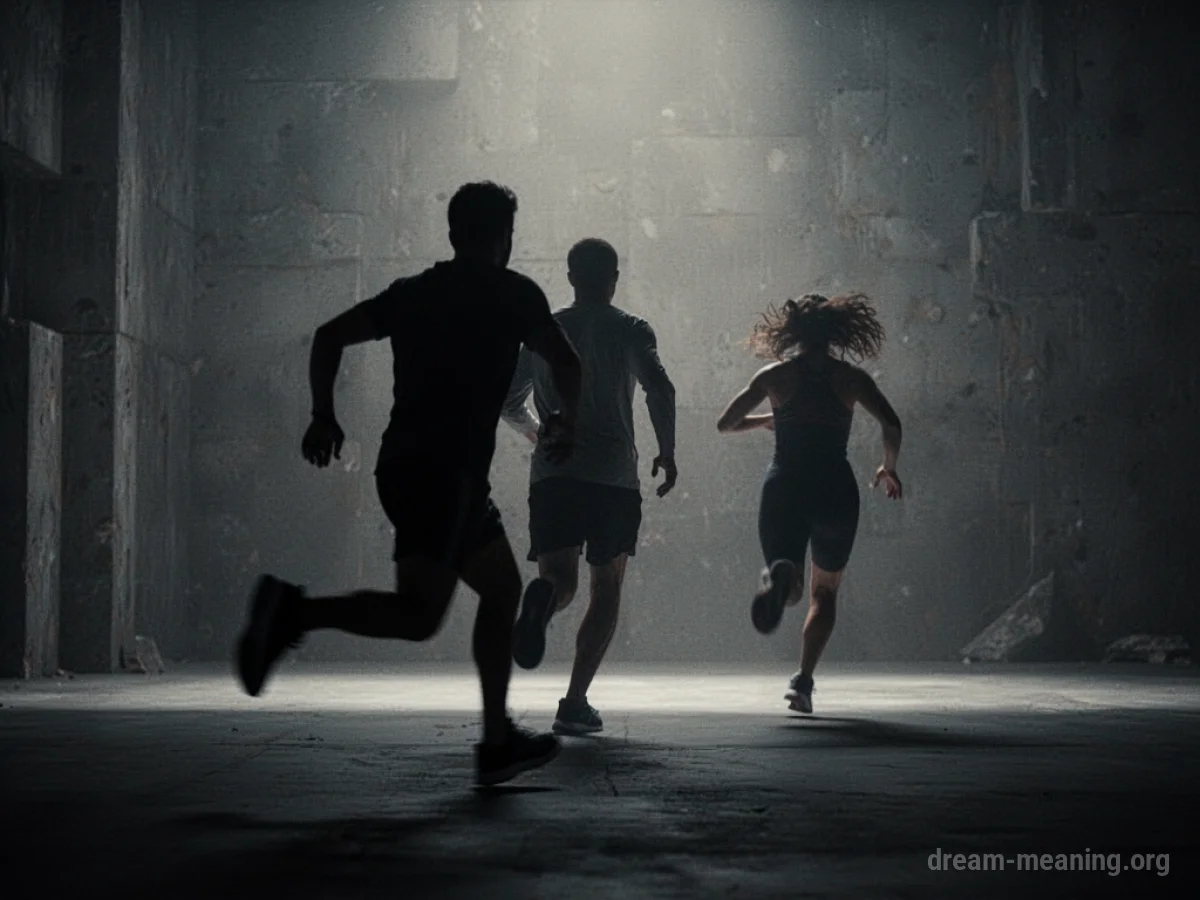 Silhouette of one person running from another in a dark, abstract environment.