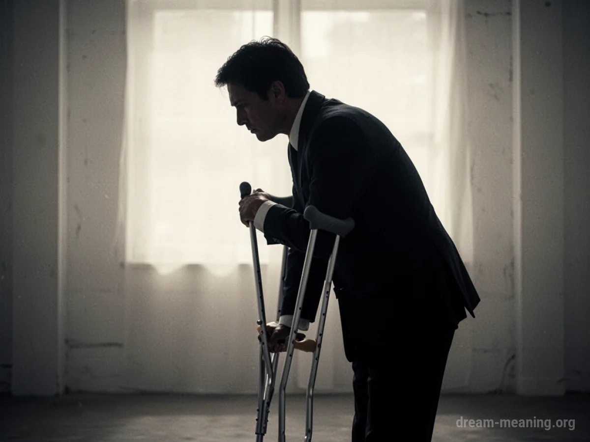 Silhouette of a person in a suit using a crutch.