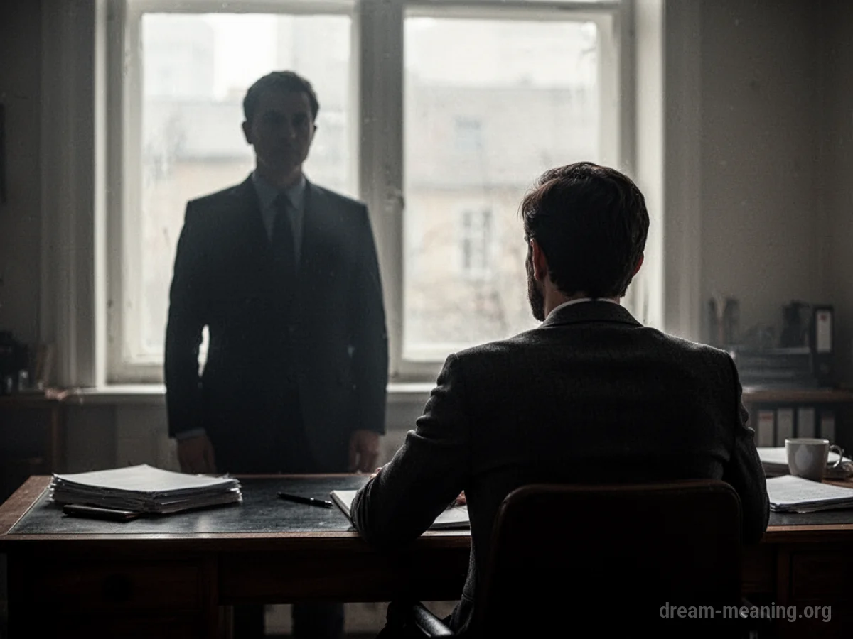 A person stands in shadow behind a desk where another person is seated.