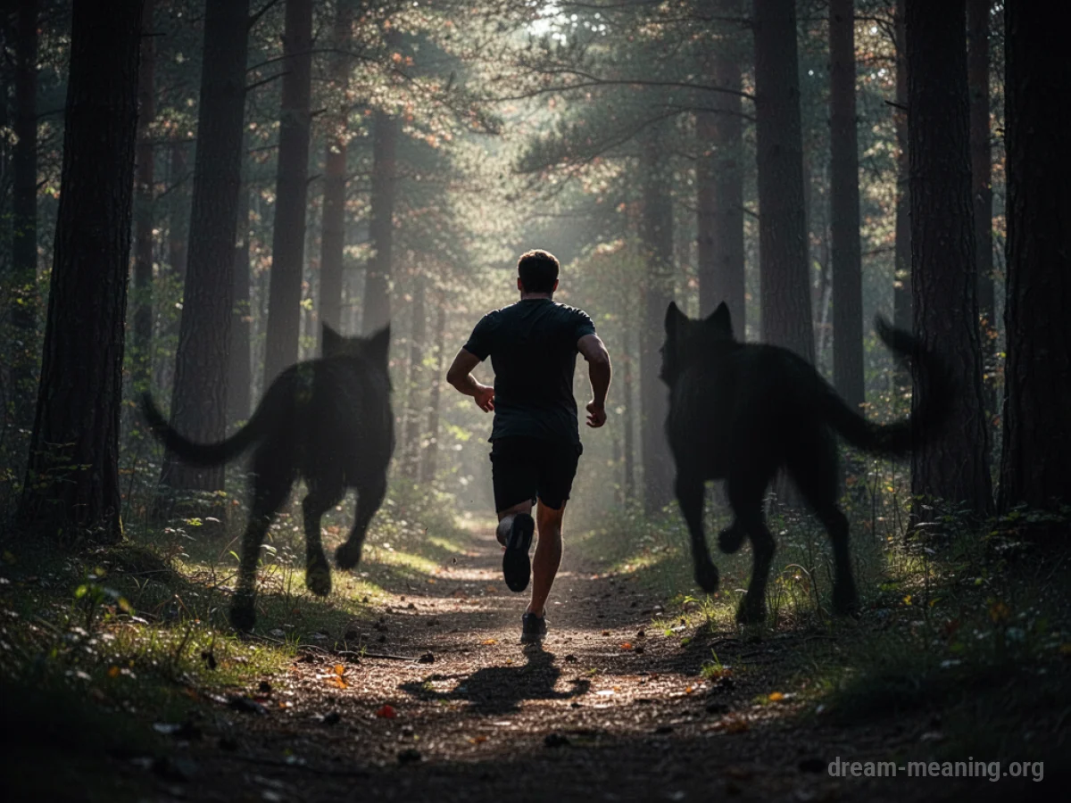 Silhouette of a person fleeing from a large, shadowy animal in a dark forest.
