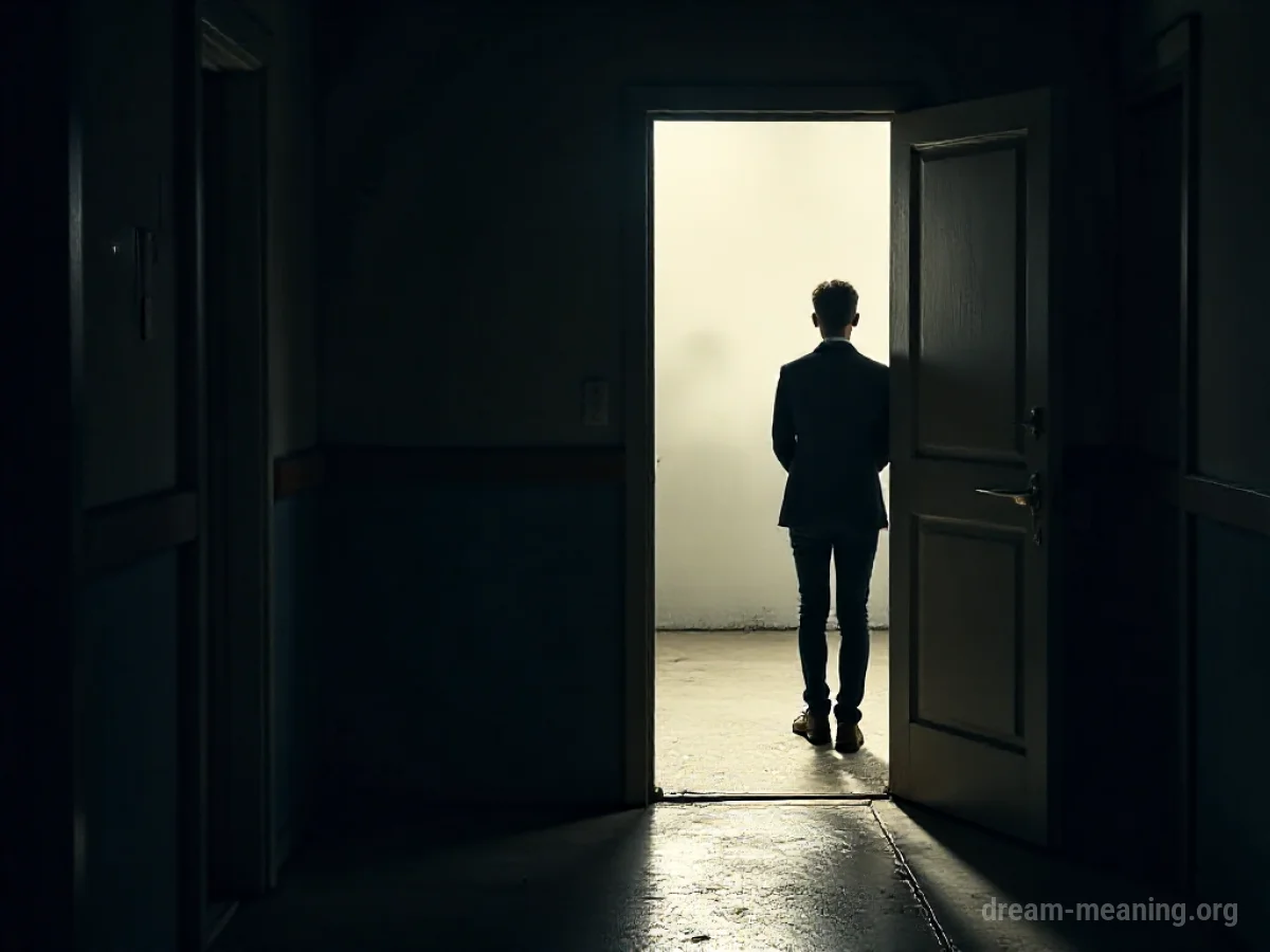 A shadowy hand reaching from the darkness towards a person standing in a doorway.