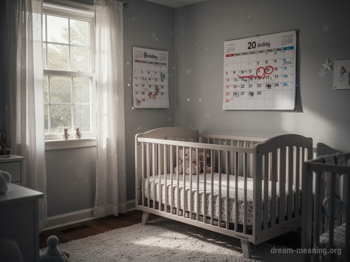 A nursery room with a crib and a calendar.