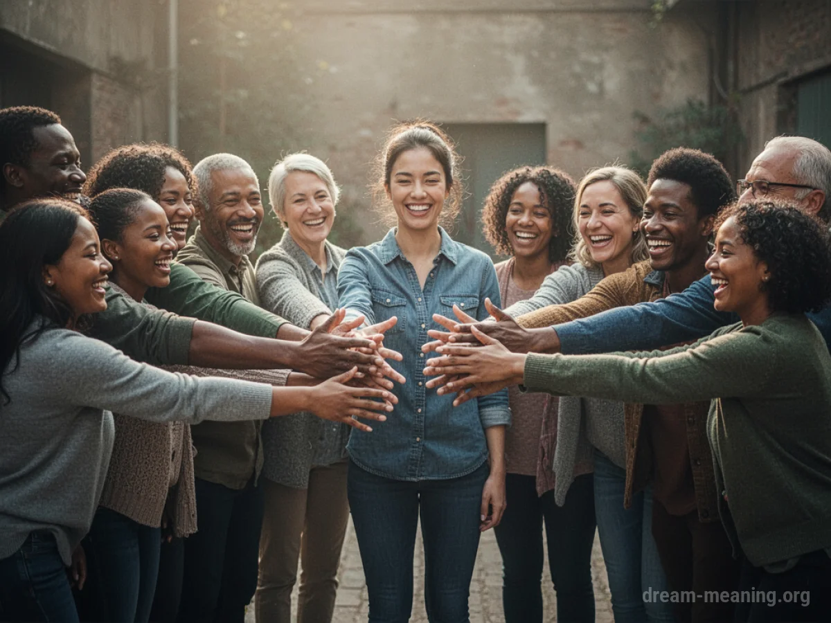 A group of people welcoming one person into their circle.