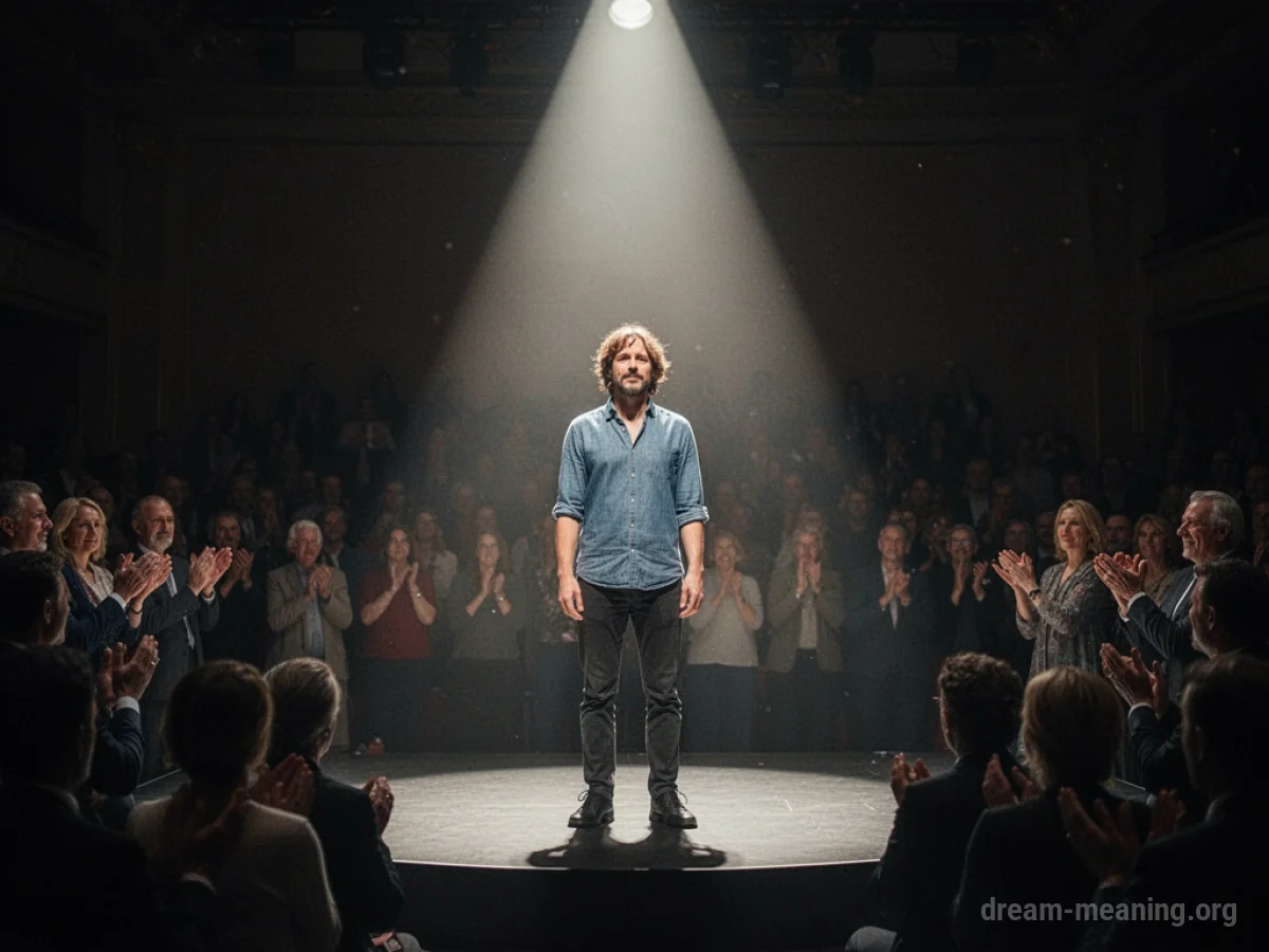 A person on a stage illuminated by a spotlight, with an audience visible in the background.