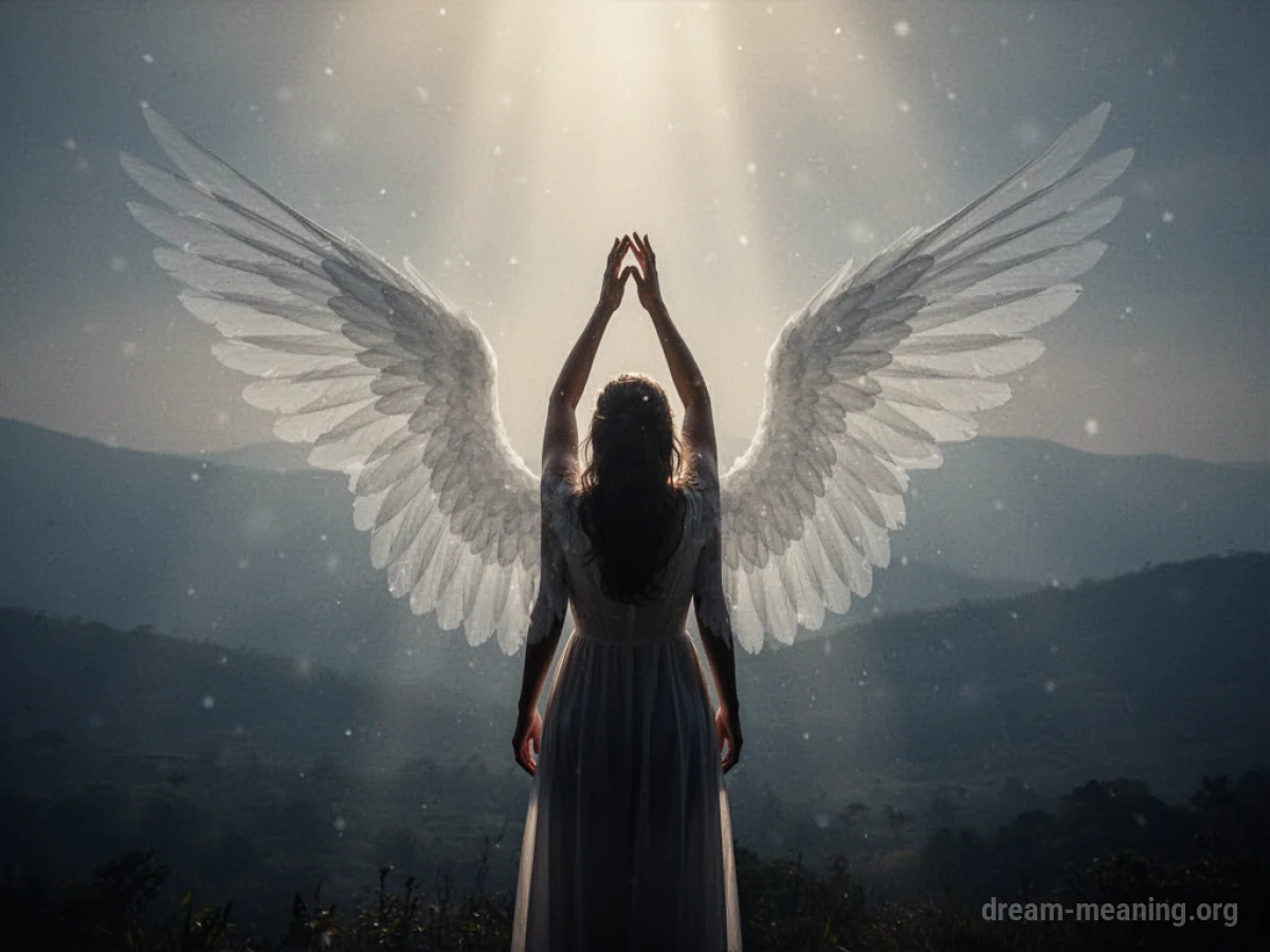Silhouette of a person with faint wings against a bright light.