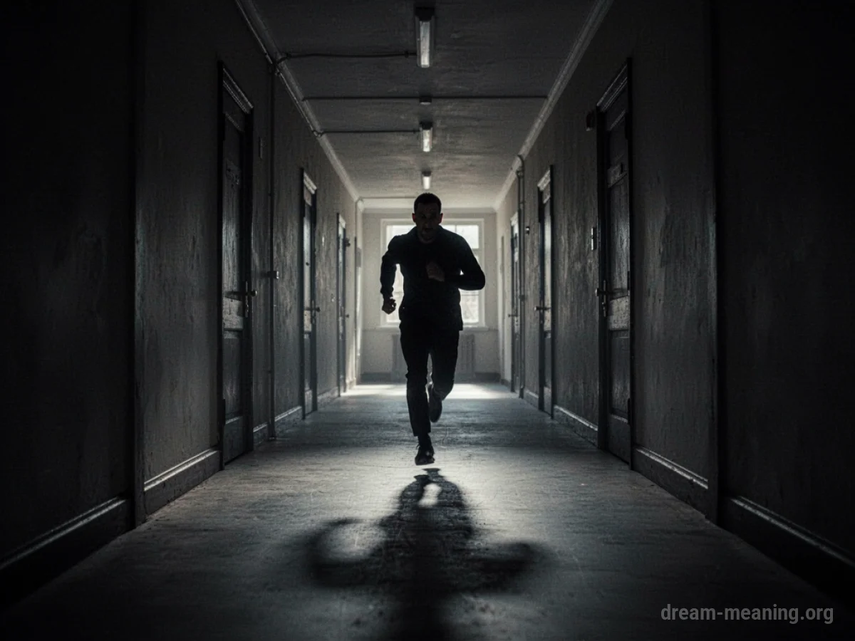 Silhouette of a person running down a long, dark hallway.