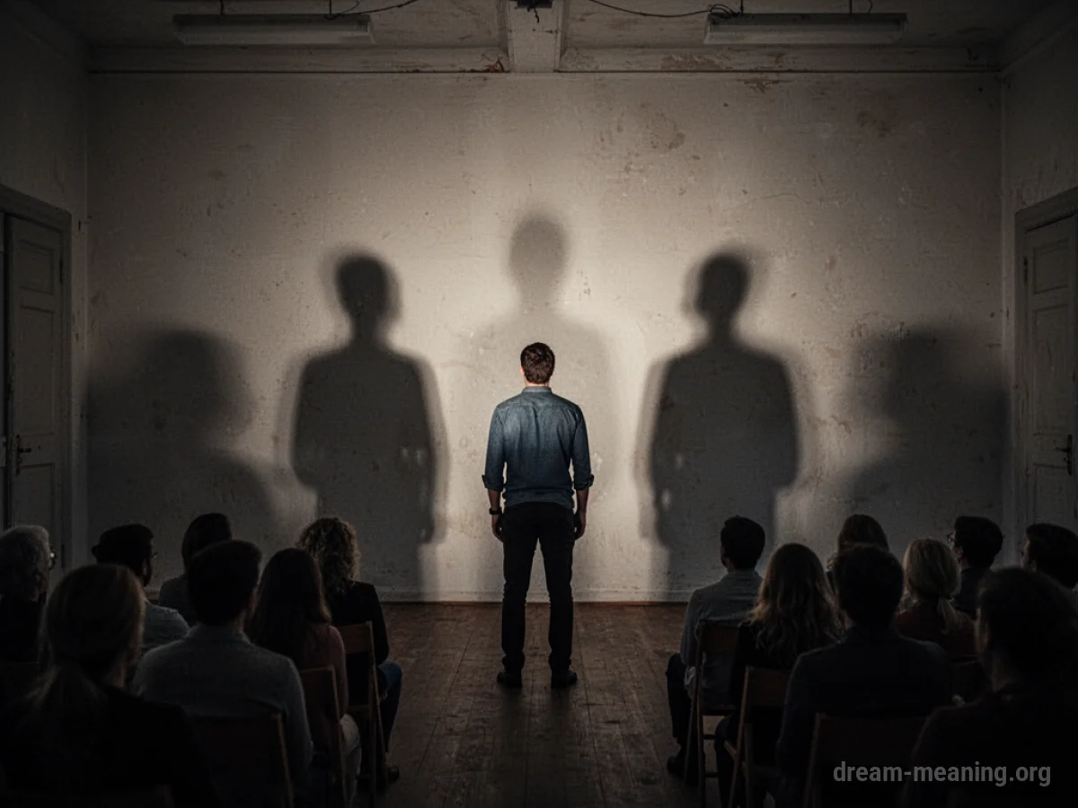 A person stands in a dark room with large shadows cast on the wall.