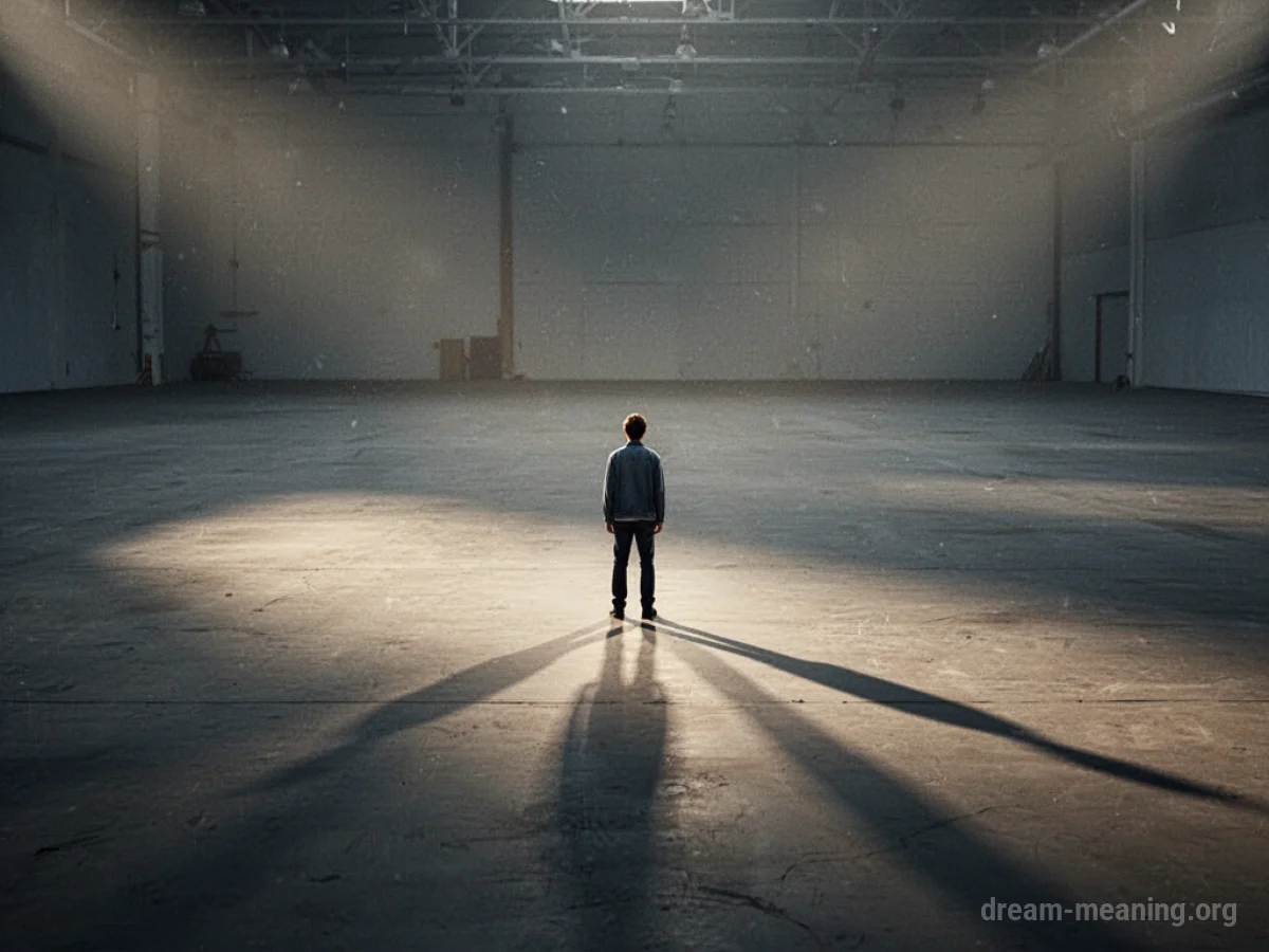 A solitary figure in a large, dim space with long shadows.