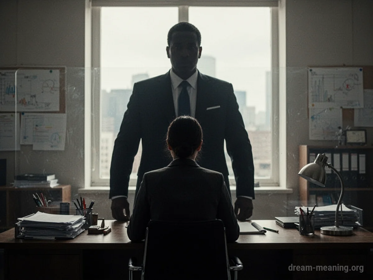 Silhouette of a person facing a large, dark silhouette behind a desk.