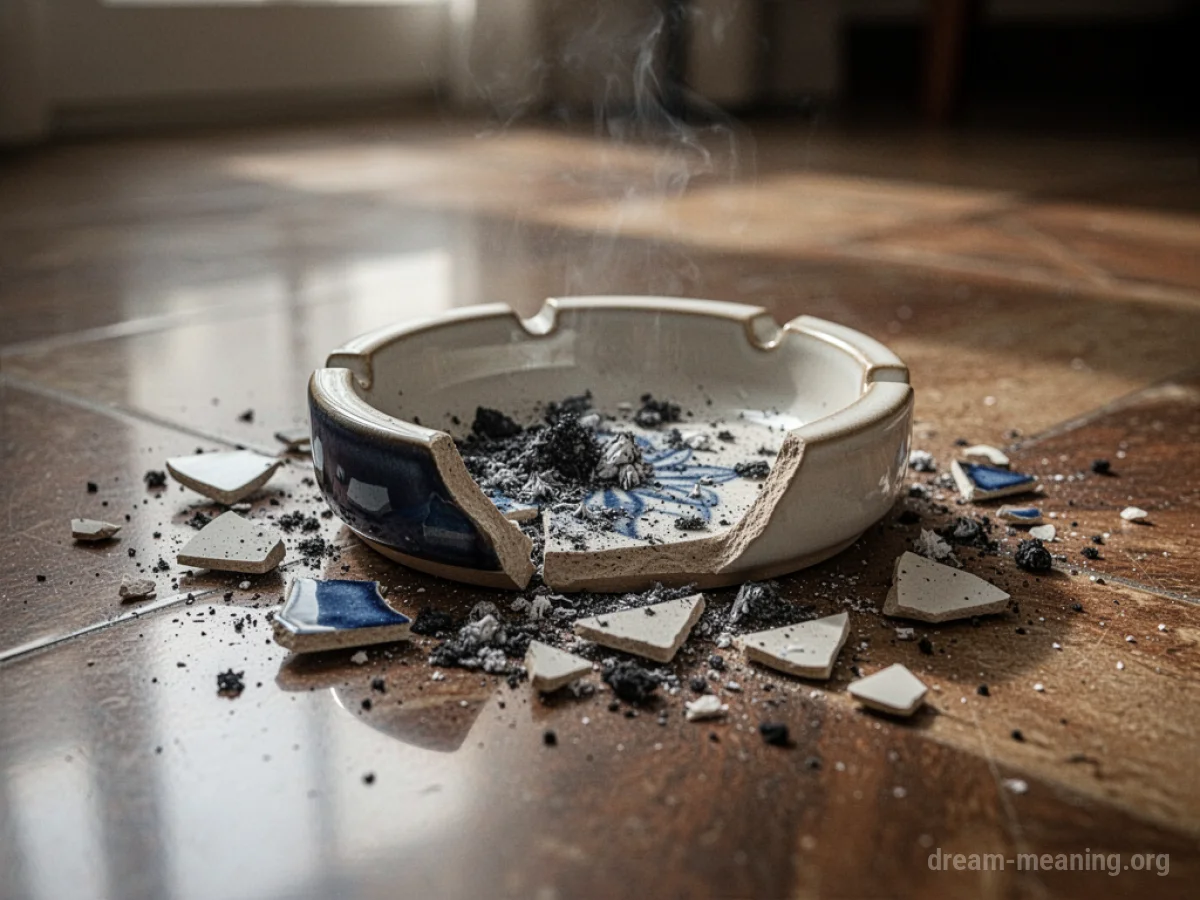 A broken ceramic ashtray on a wooden floor.
