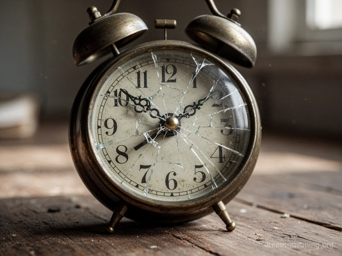 A cracked glass face on an alarm clock with bent hands.