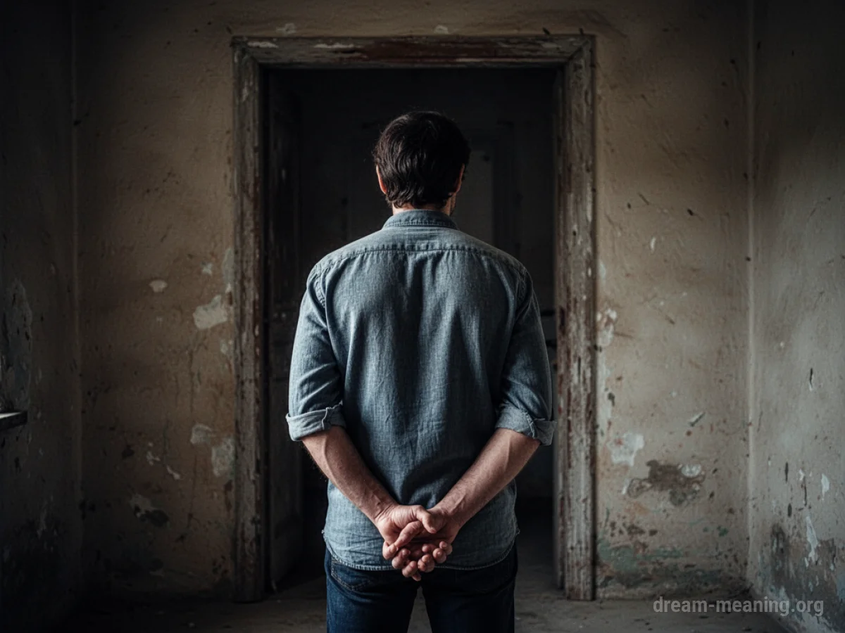 Person standing with their back turned, facing a shadowed doorway.