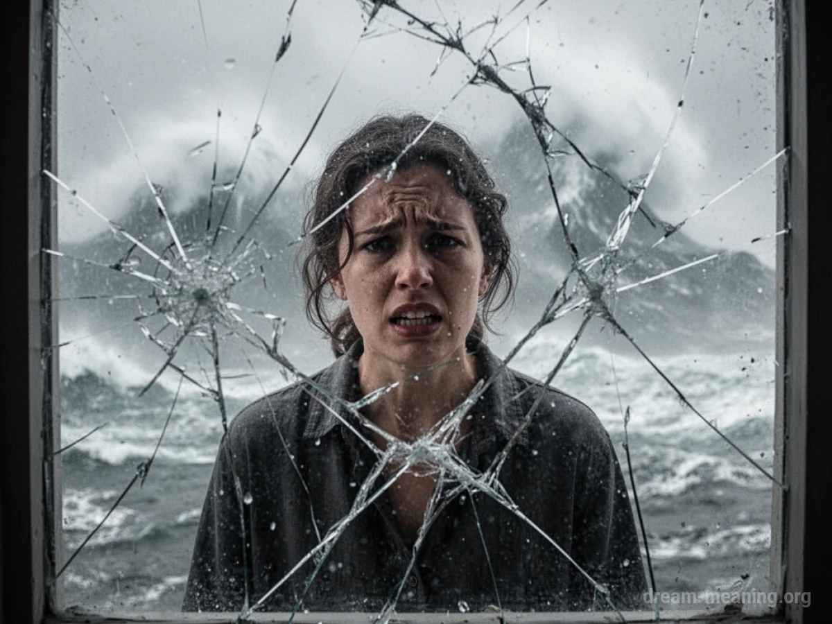 A person behind a cracked glass barrier with a stormy scene in the background.