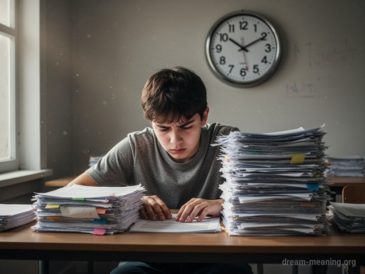 A person sits at a desk piled with paperwork, looking stressed as a clock shows time running out.