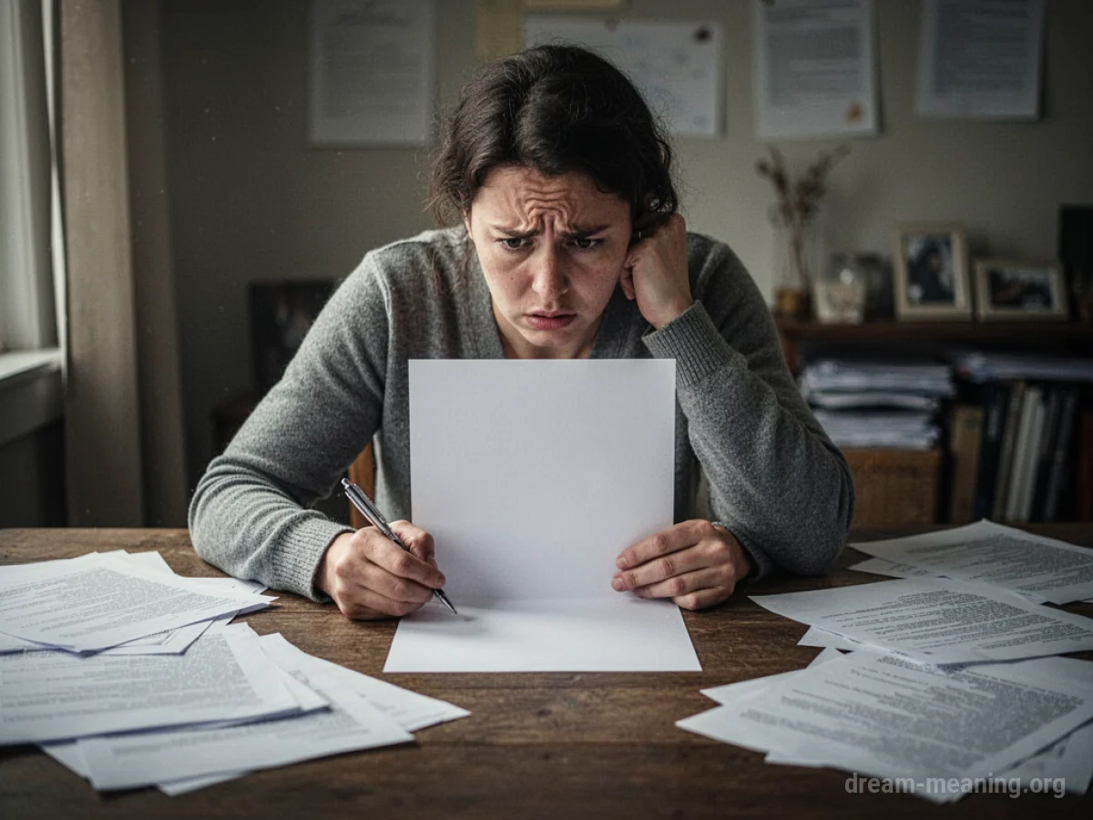 Person sitting at a desk with a blank page and pen, surrounded by scattered papers.