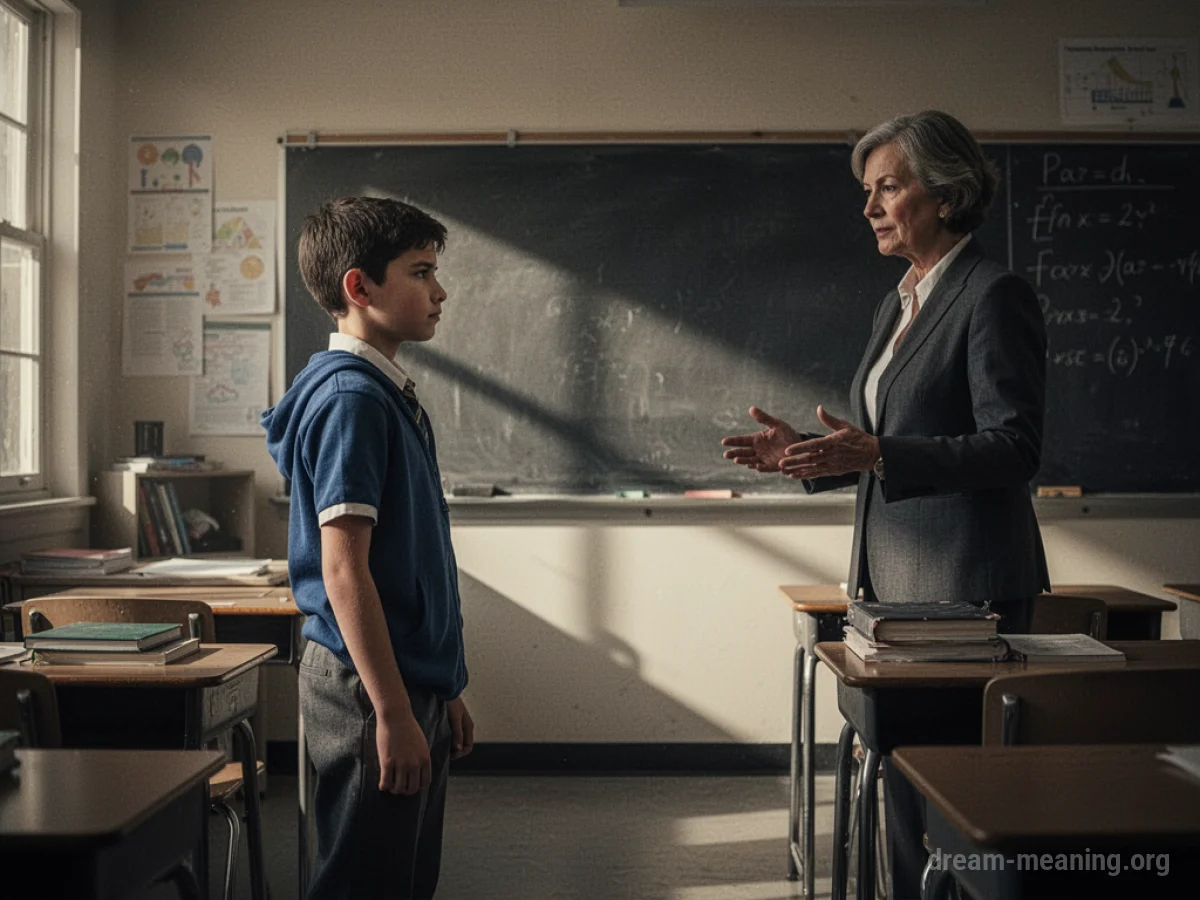 A student stands facing a teacher in a classroom.