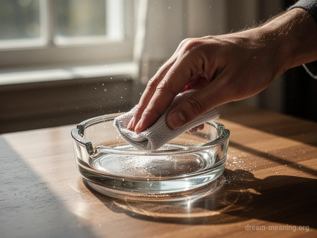 A hand cleaning an empty glass ashtray.