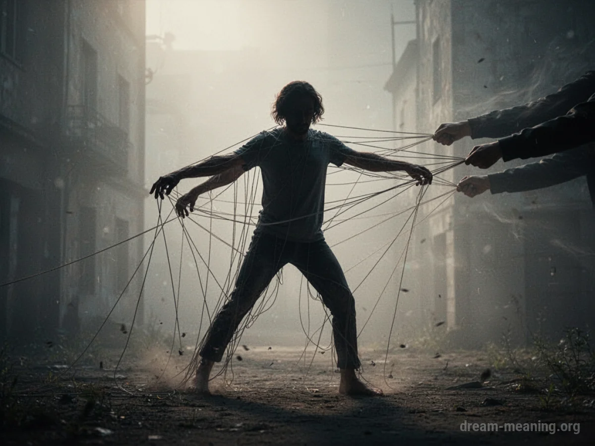 A shadowy figure's limbs are tethered by strings, manipulated by an unseen hand.