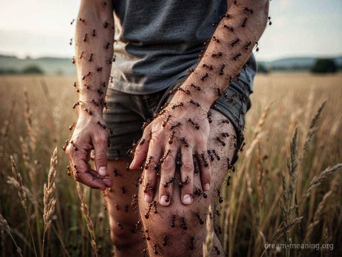 A person's arms and legs covered in small black ants.
