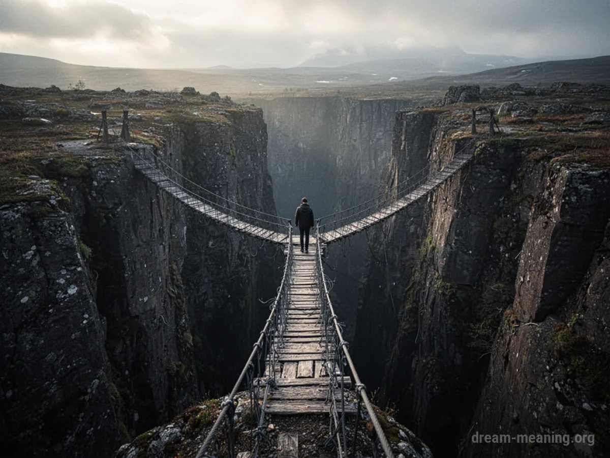 A person on the edge of a deep canyon looking at a thin bridge.