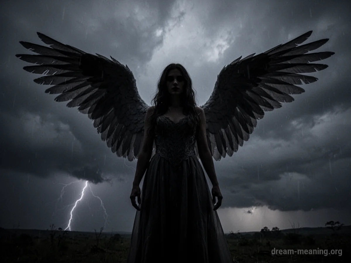 Silhouette of a dark winged figure against a stormy sky.