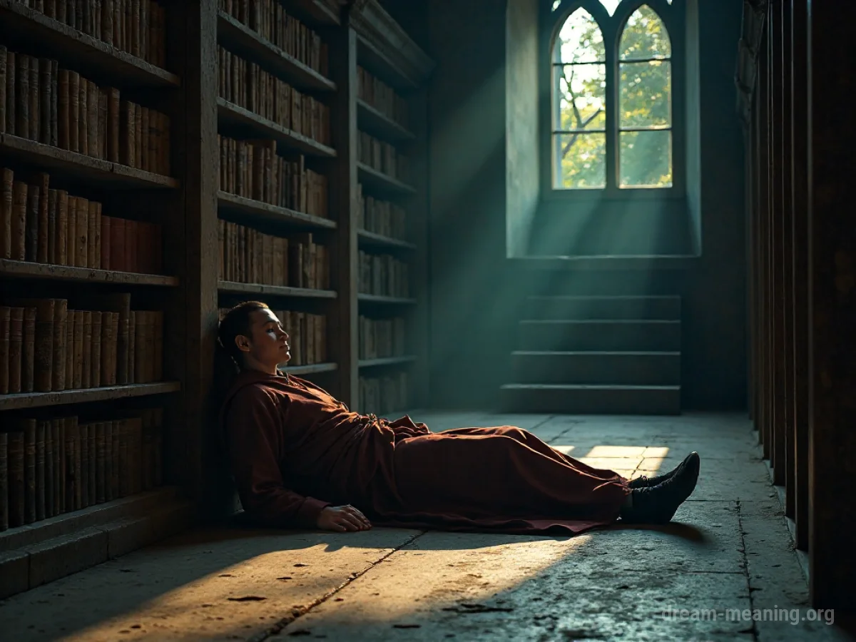 A person in monastic robes lying still on a stone floor in a dimly lit room.