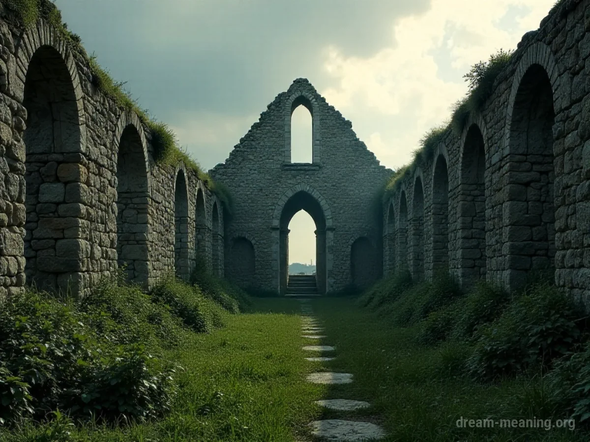 Ruined stone structure of an abbey with plants growing over it and sunlight filtering through.