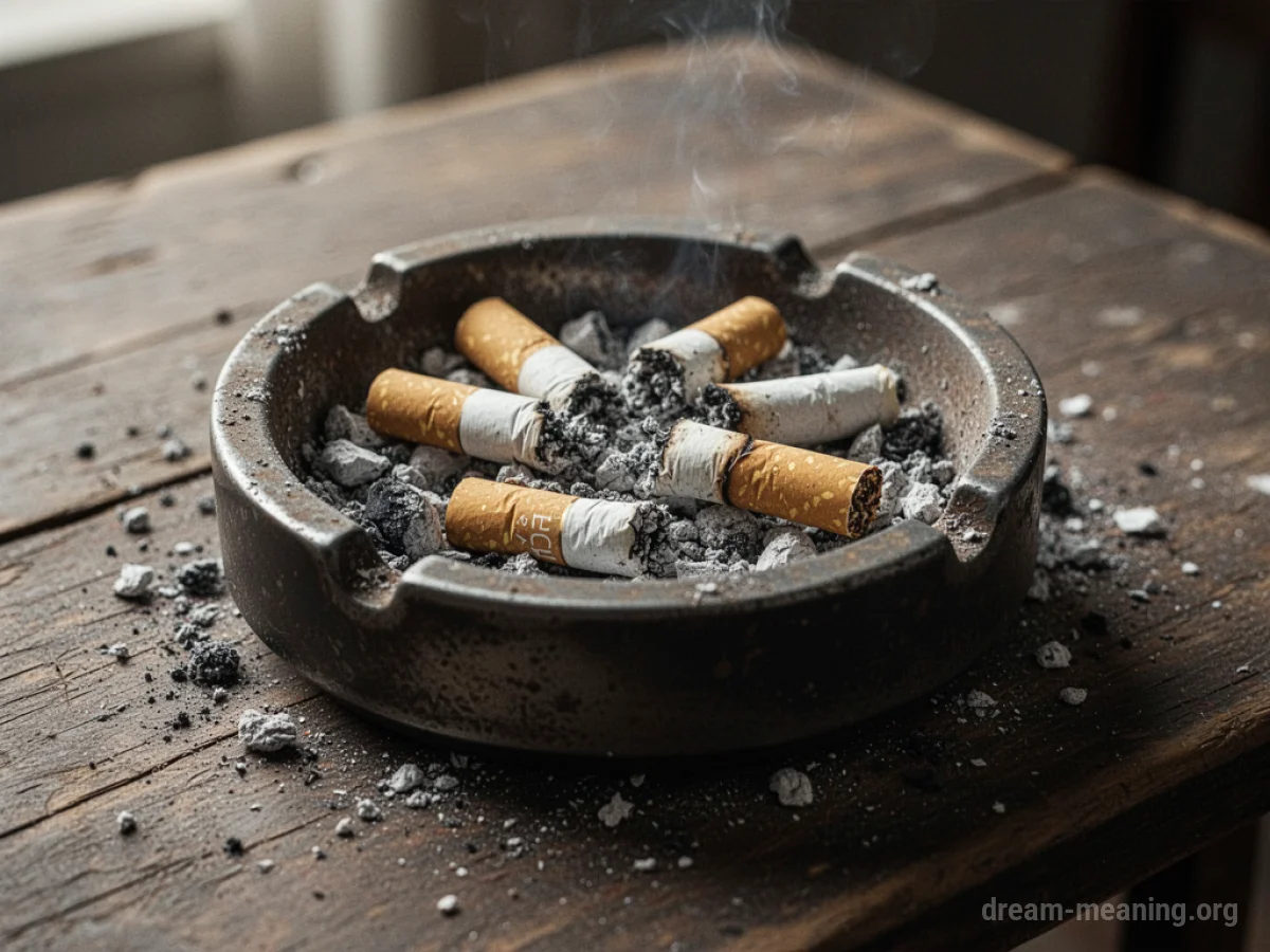 An overflowing ashtray filled with cigarette butts and ash.
