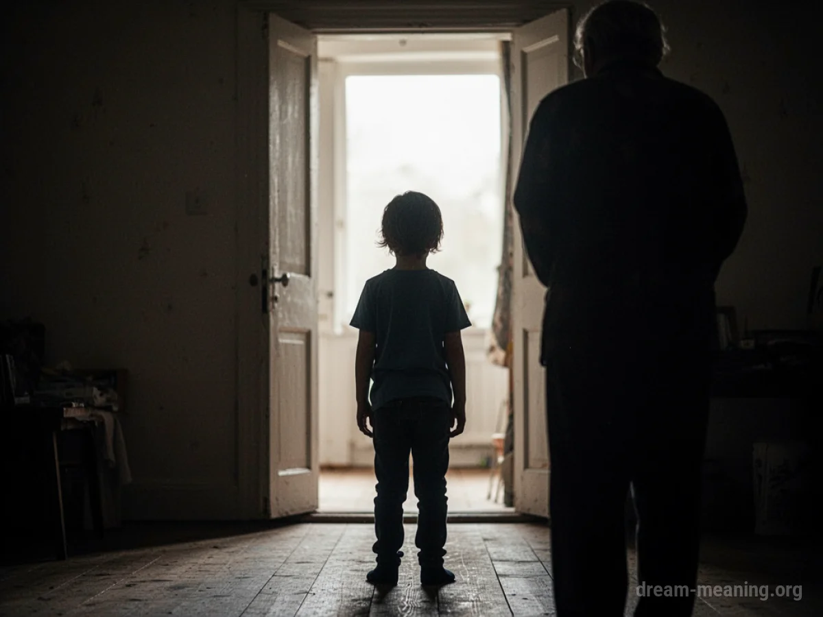 Silhouette of a child facing away from an adult figure towards an open doorway.