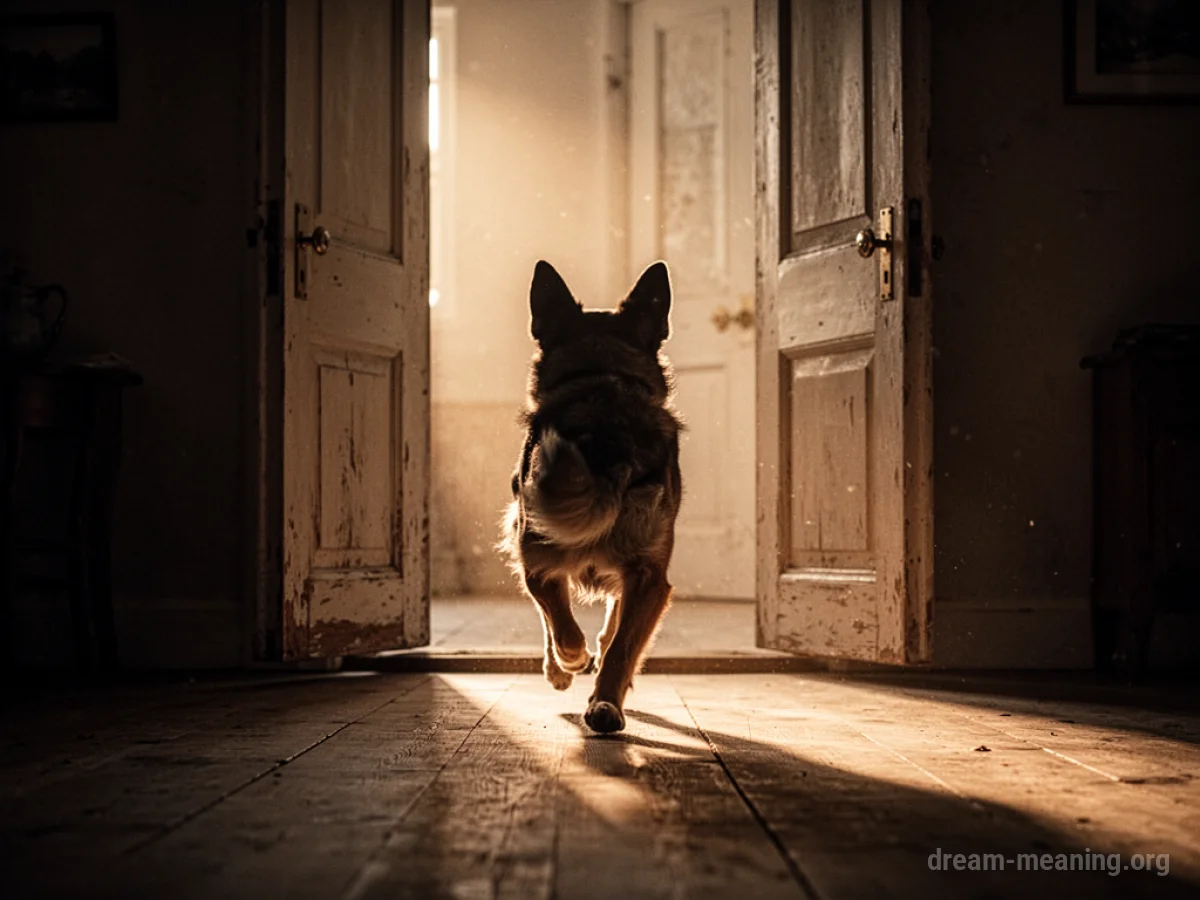 A dog running towards a brightly lit doorway.