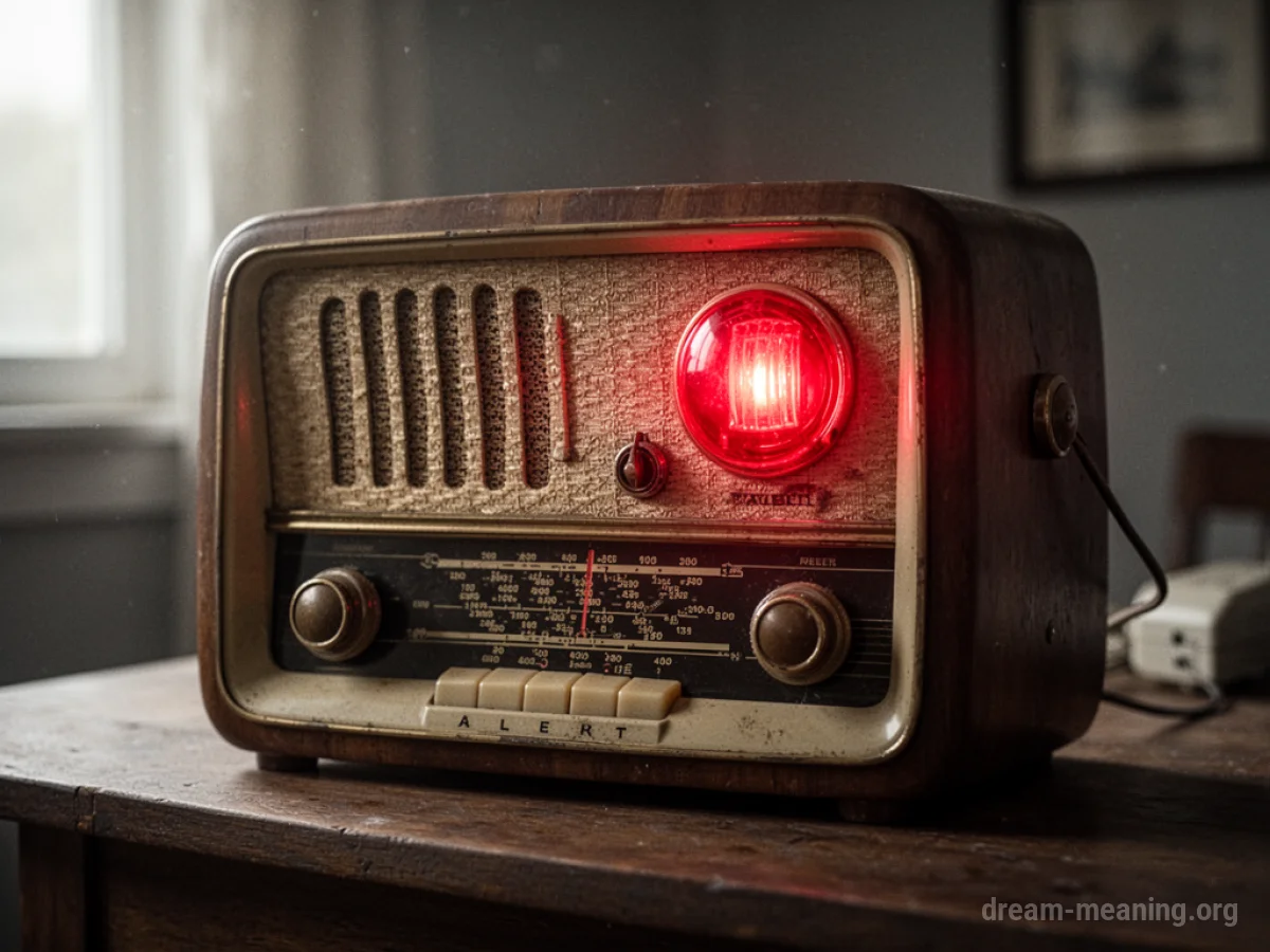 A vintage radio with a red light glowing.