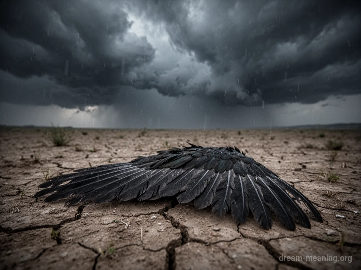 A single dark feather wing rests on dry, cracked ground.
