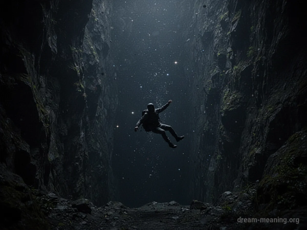 Silhouette falling into a dark, starry chasm.
