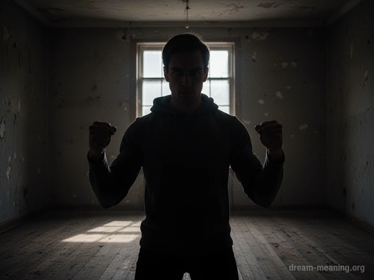 Silhouette of a person with clenched fists in a dark room.