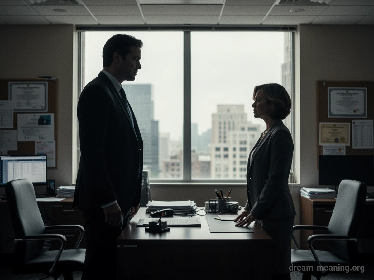 Silhouettes of two people facing each other across an office desk.